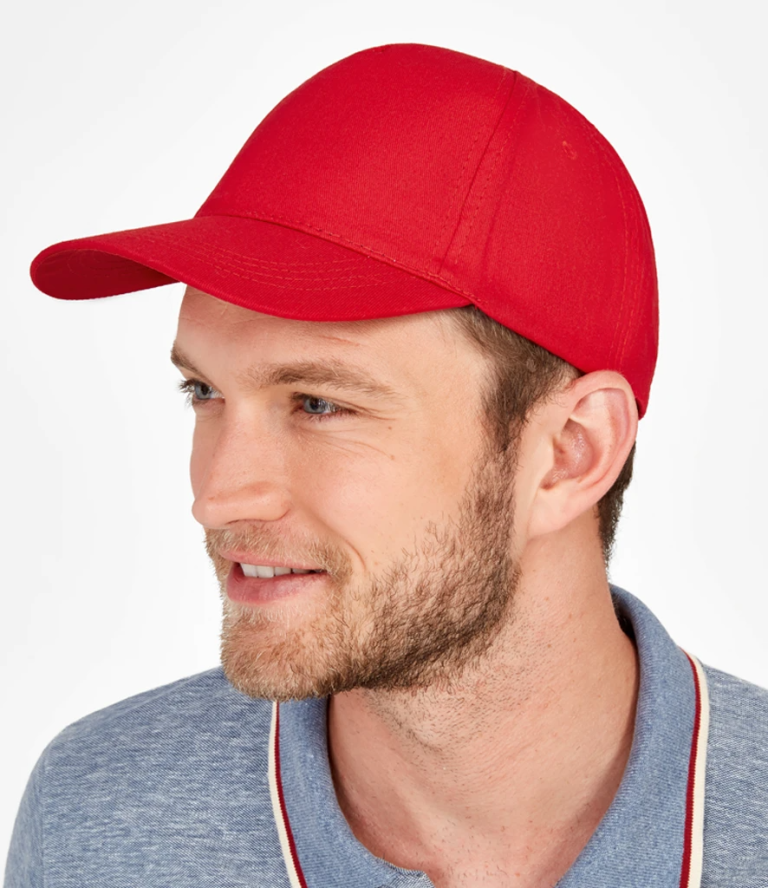 Logo embroidered red cap close up