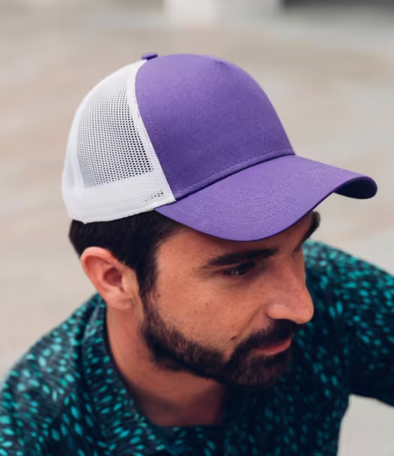Custom printed purple trucker cap