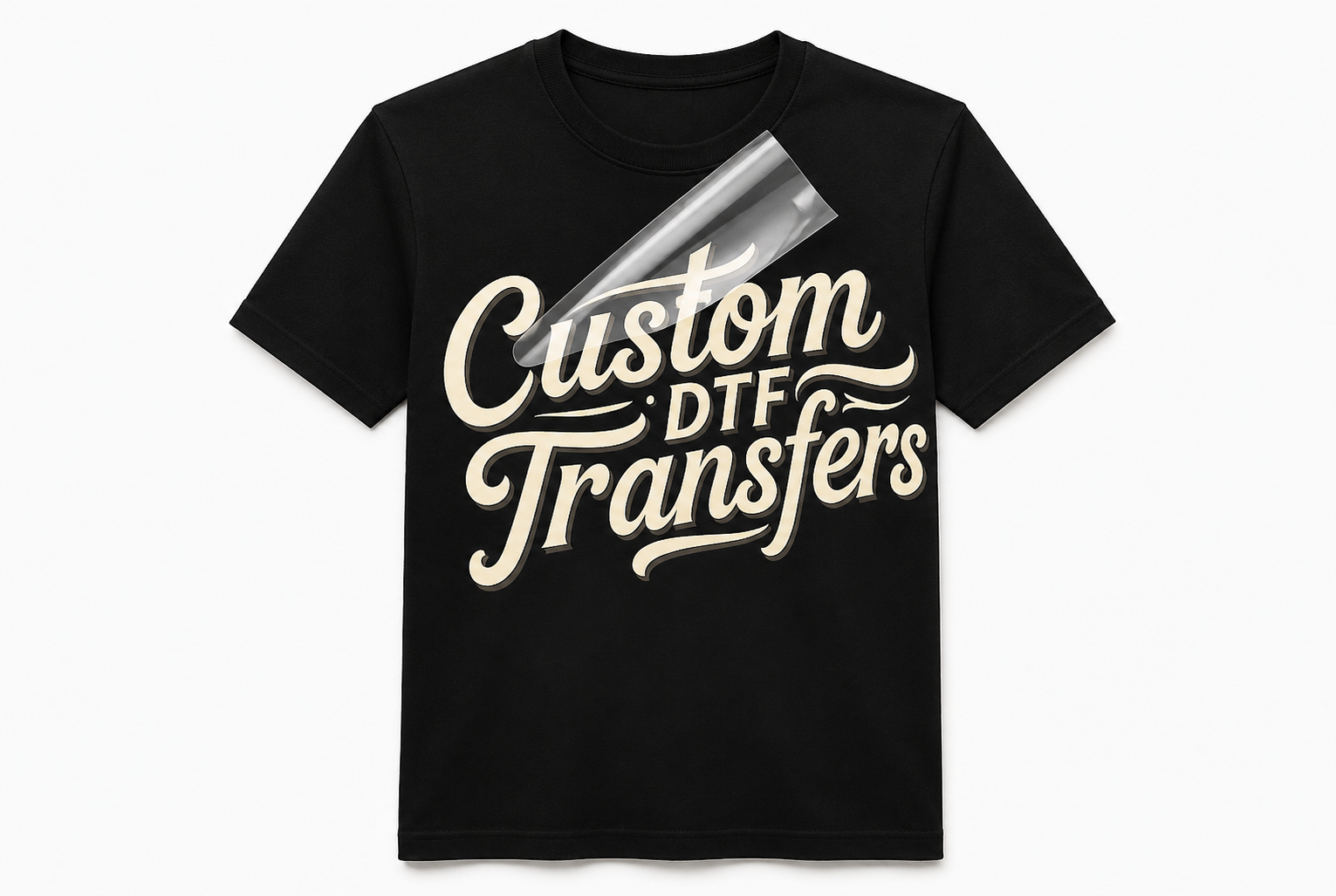 Custom DTF transfer being applied to black t shirt