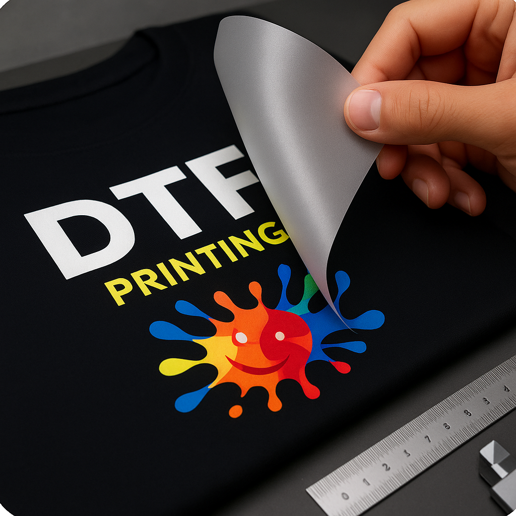 DTF transfer being peeled onto a black t shirt, full colour print