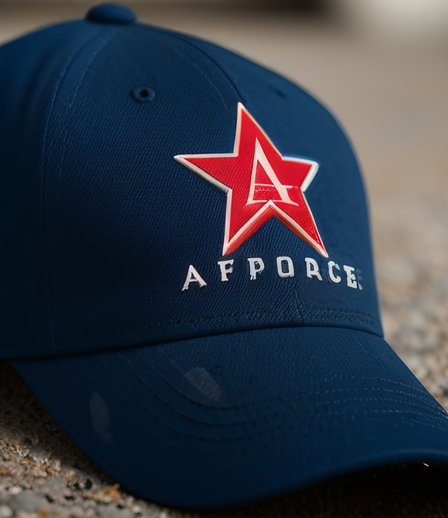 Embroidered business logo on navy cap, raised stitch finish