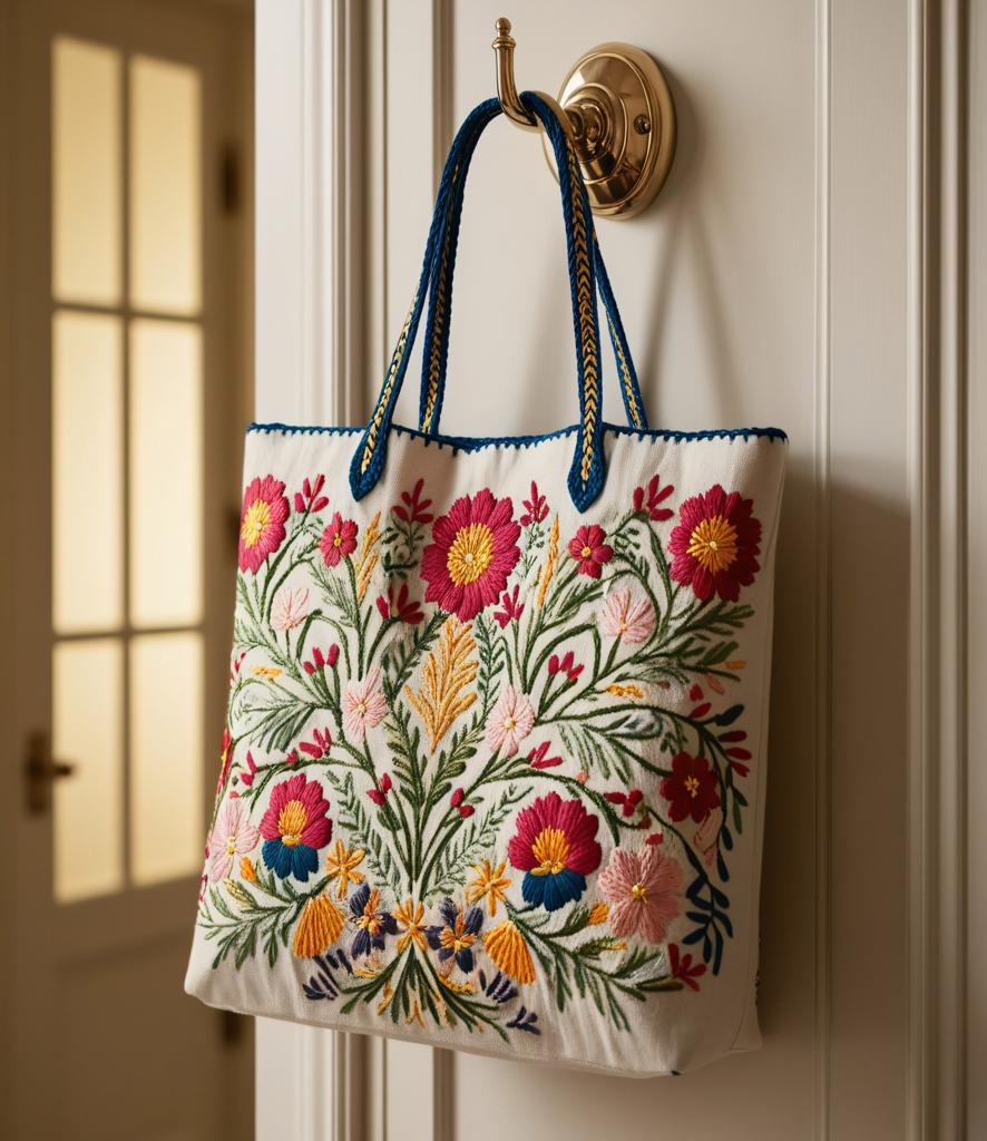 Detailed floral embroidery design on a natural canvas tote bag