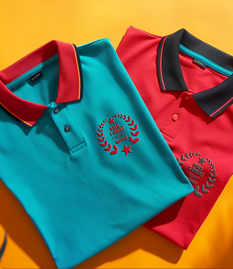 Folded custom polo shirts with embroidered crest logo