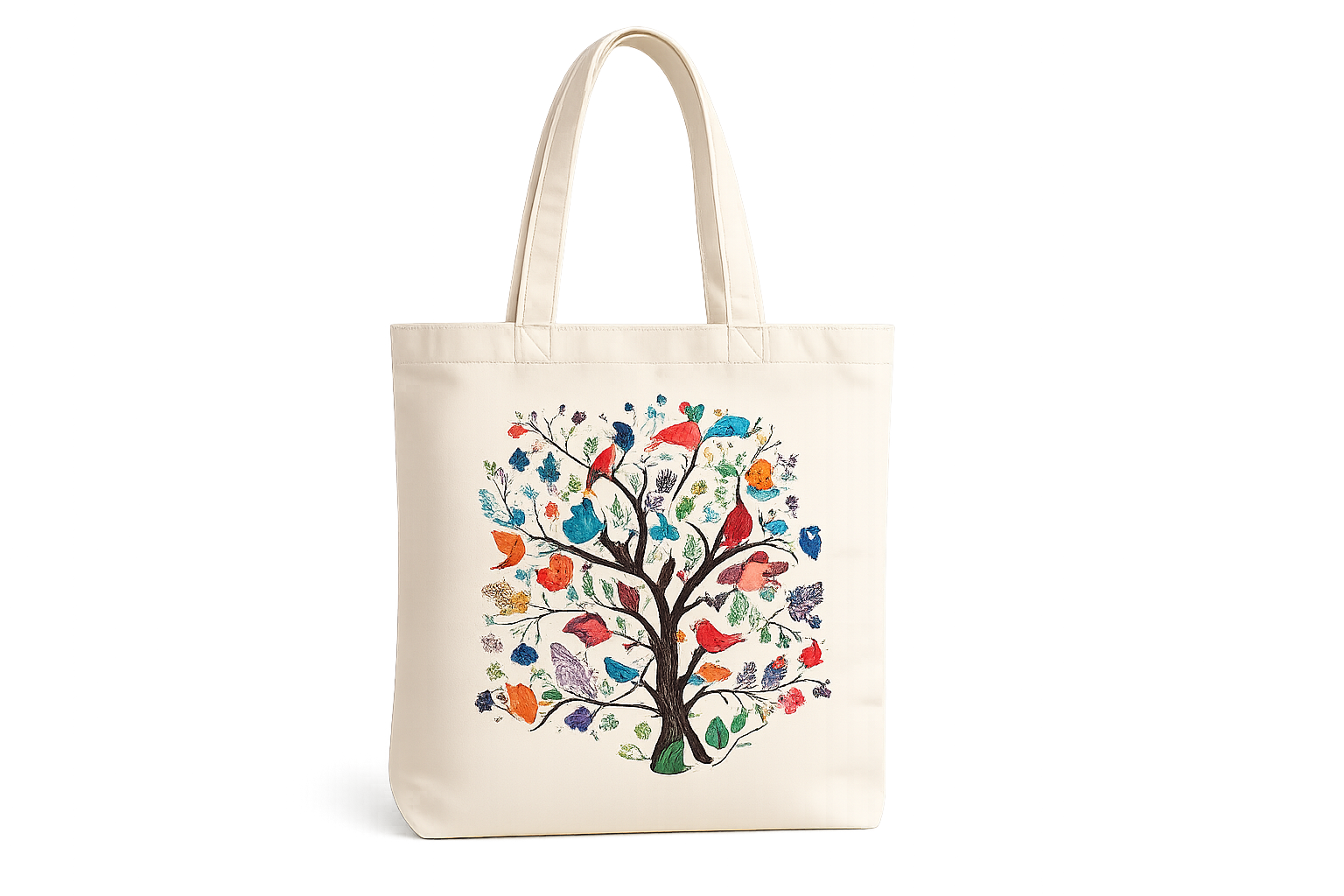 Screen printed colourful tree design on a natural tote bag